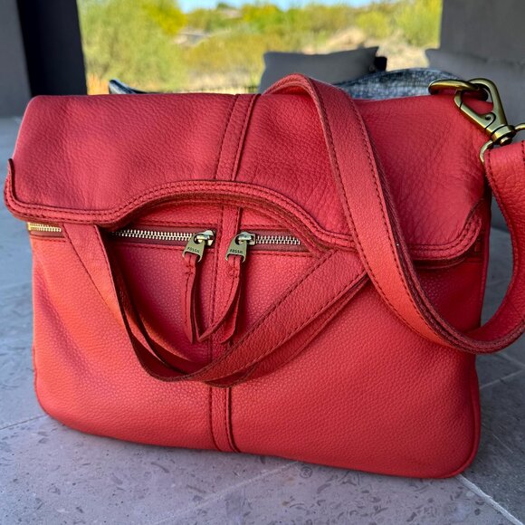 FOSSIL Erin Top Handle Fold-over Crossbody Shoulder Bag Pebbled Leather Coral - Picture 1 of 13